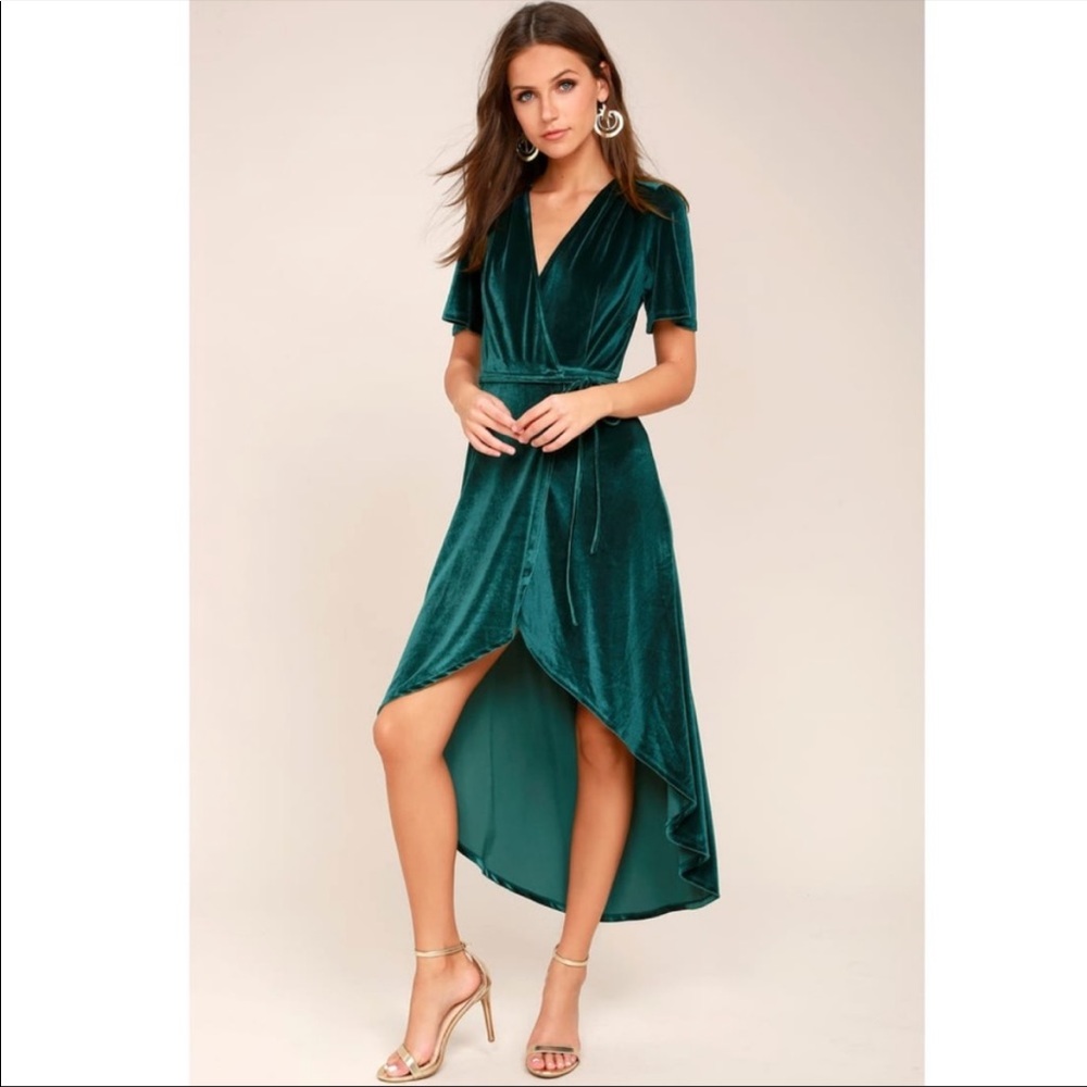 Lulu’s Amour Teal Green Velvet High-Low Wrap Dress
